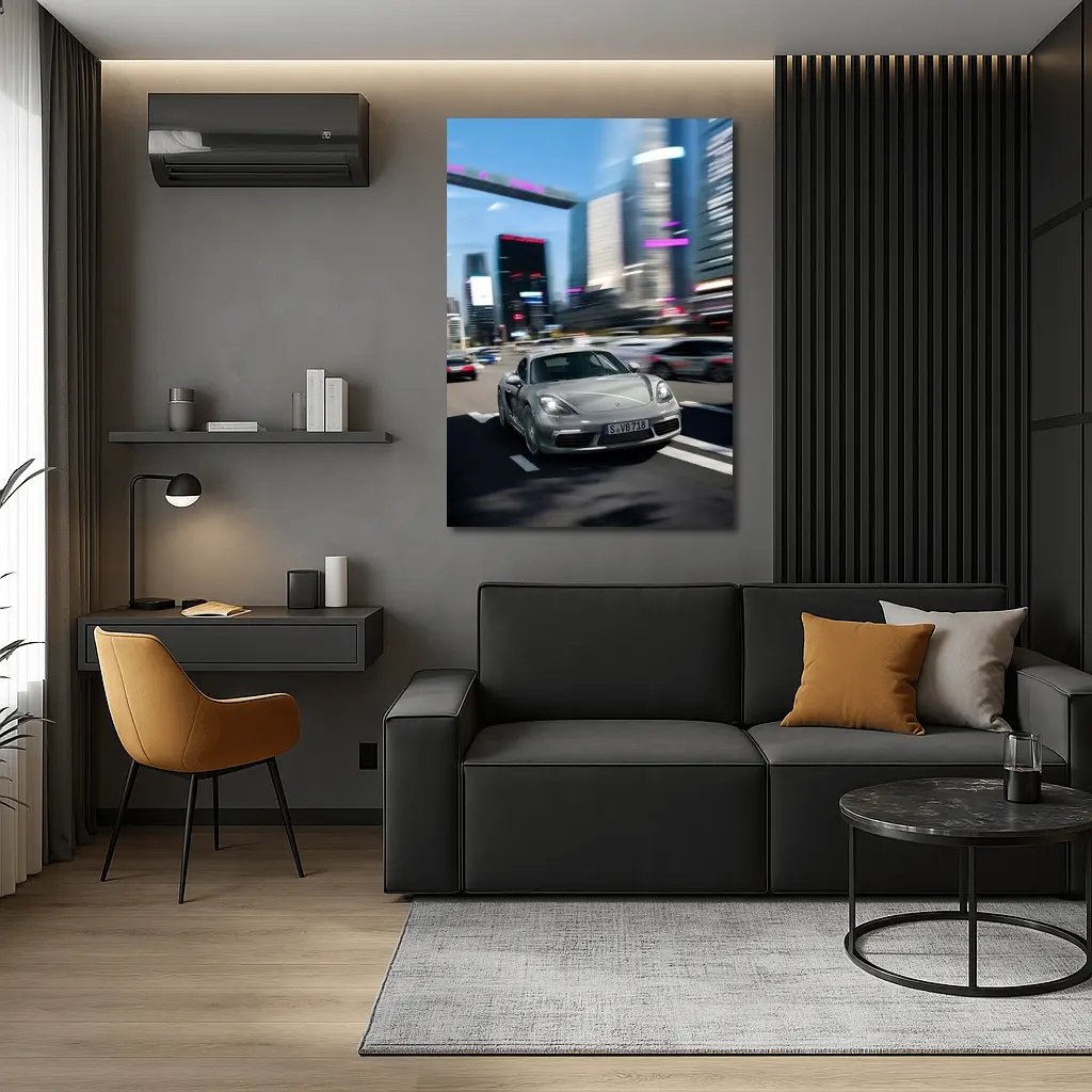 Porsche 718 Cayman Racing Through City Streets – Wall Art