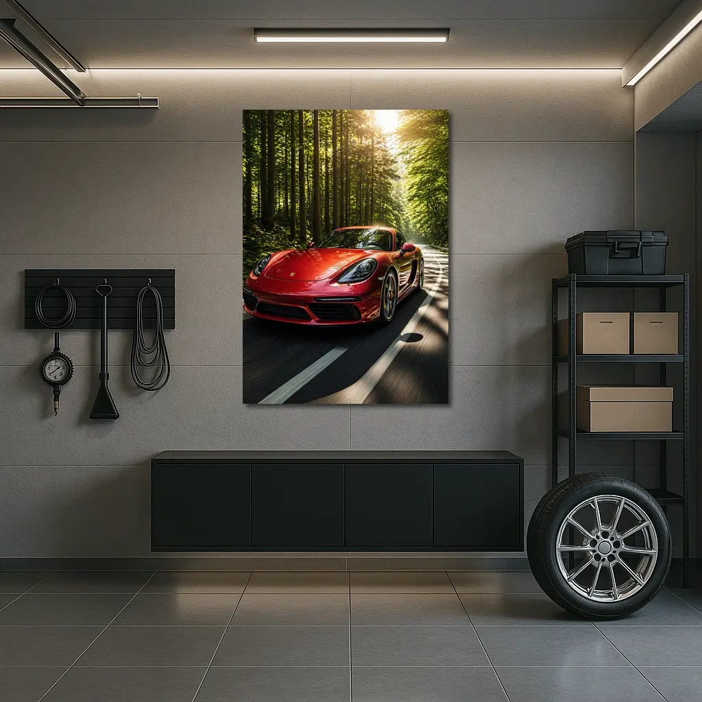 Porsche Cayman Red Forest Road Drive – Wall Art