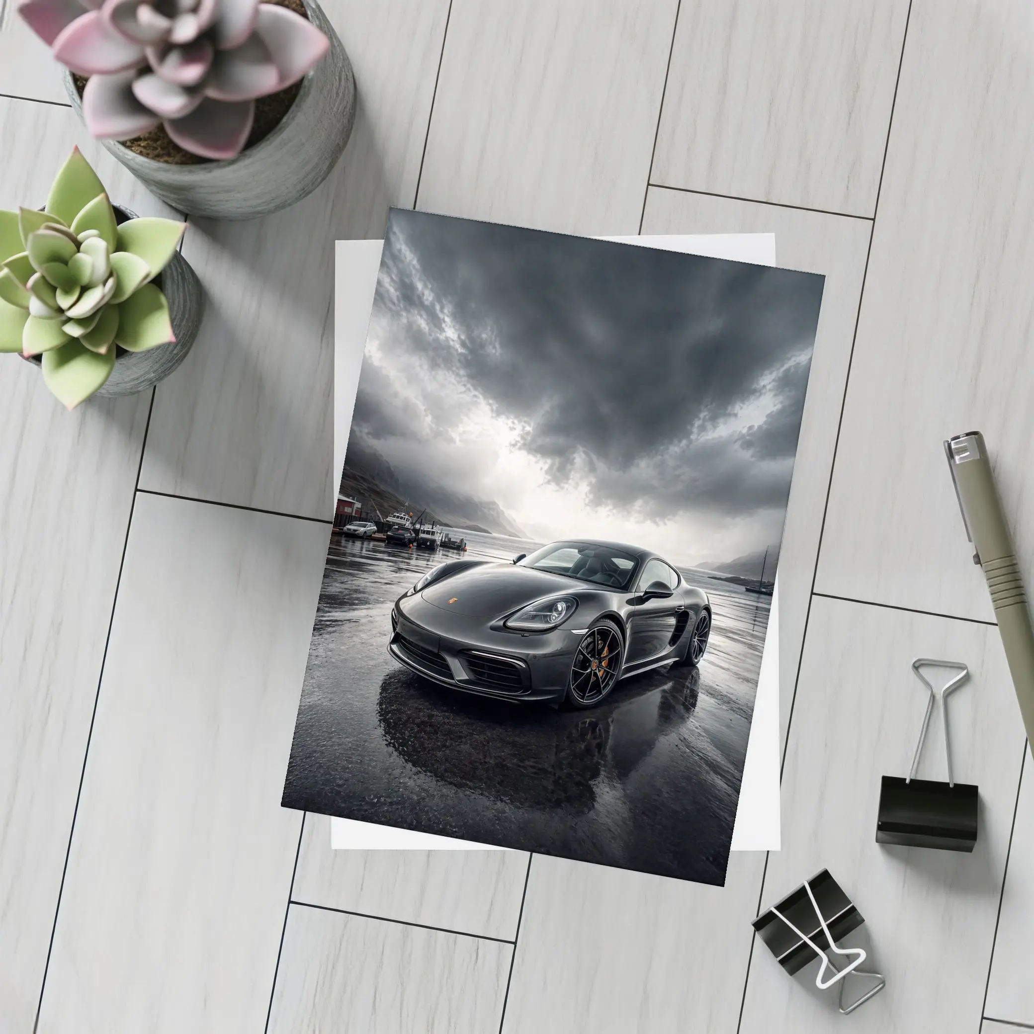 Porsche 718 Cayman Stormy Harbor Scene – Postcards