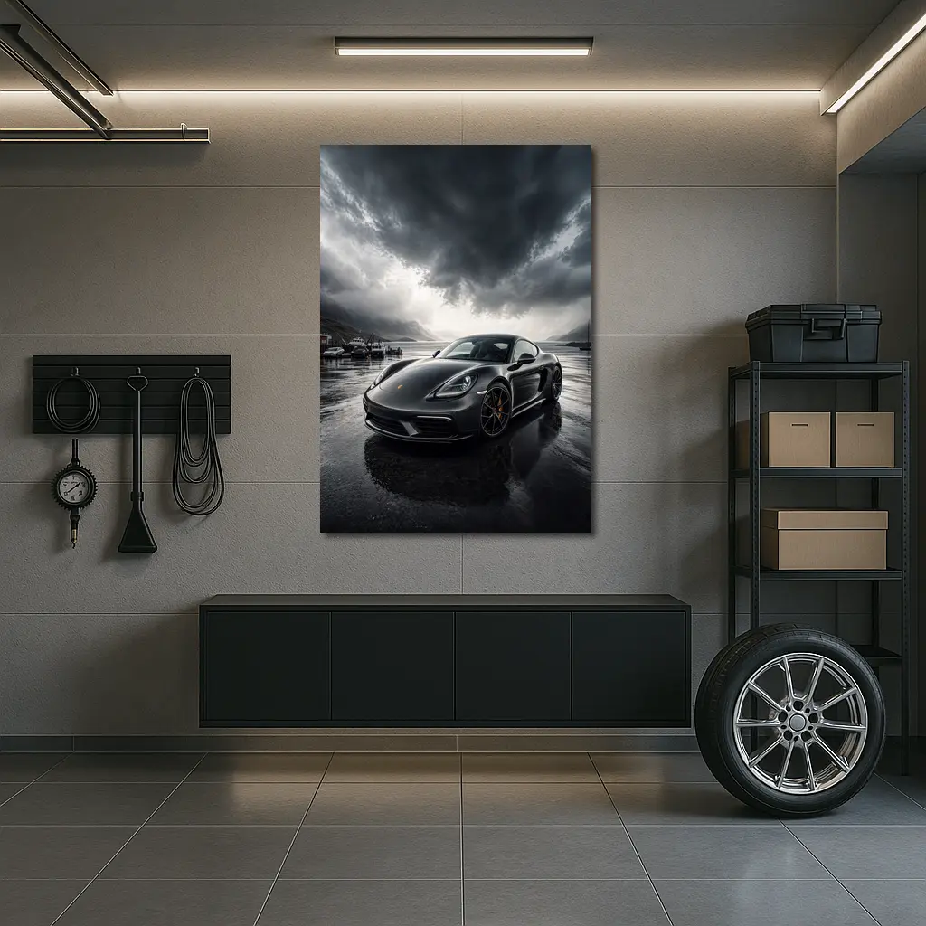 Porsche 718 Cayman Stormy Harbor Scene – Wall Art