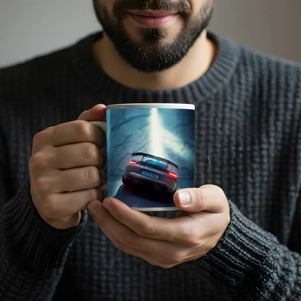 Porsche Cayman Rear View Marble Background – Mugs