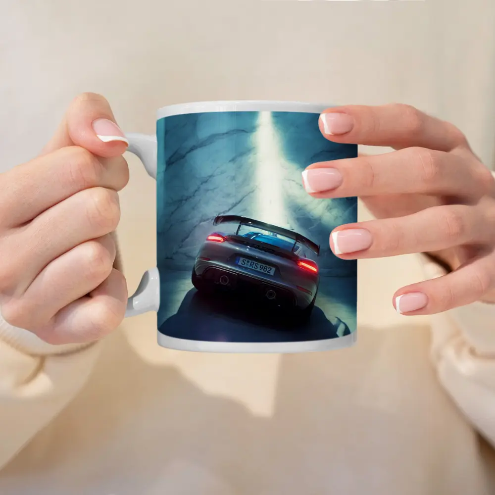 Porsche Cayman Rear View Marble Background – Mugs