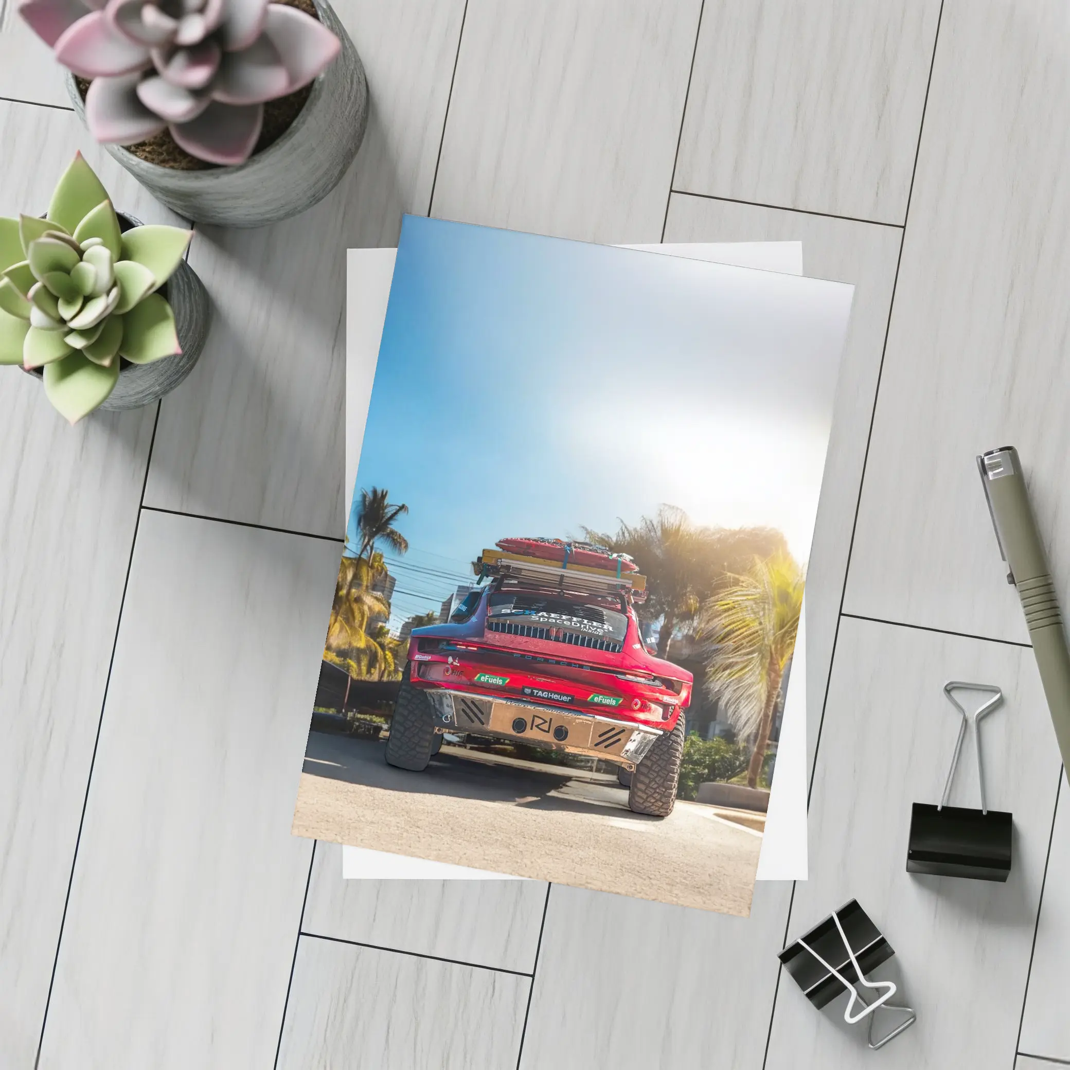 Porsche 911 Safari Red Palm Trees Beach – Postcards