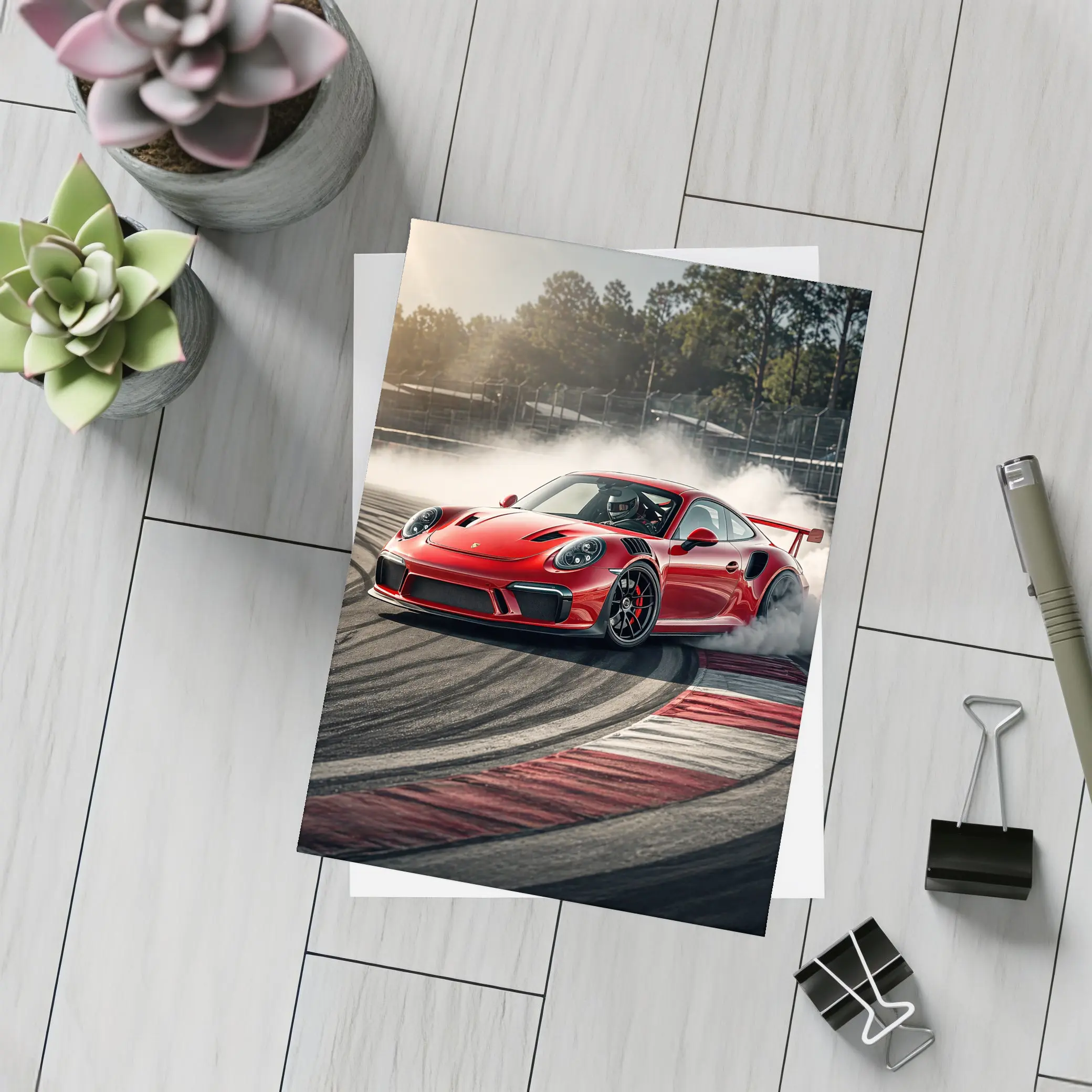 Red Porsche 911 GT3 RS Drifting Race Track – Postcards