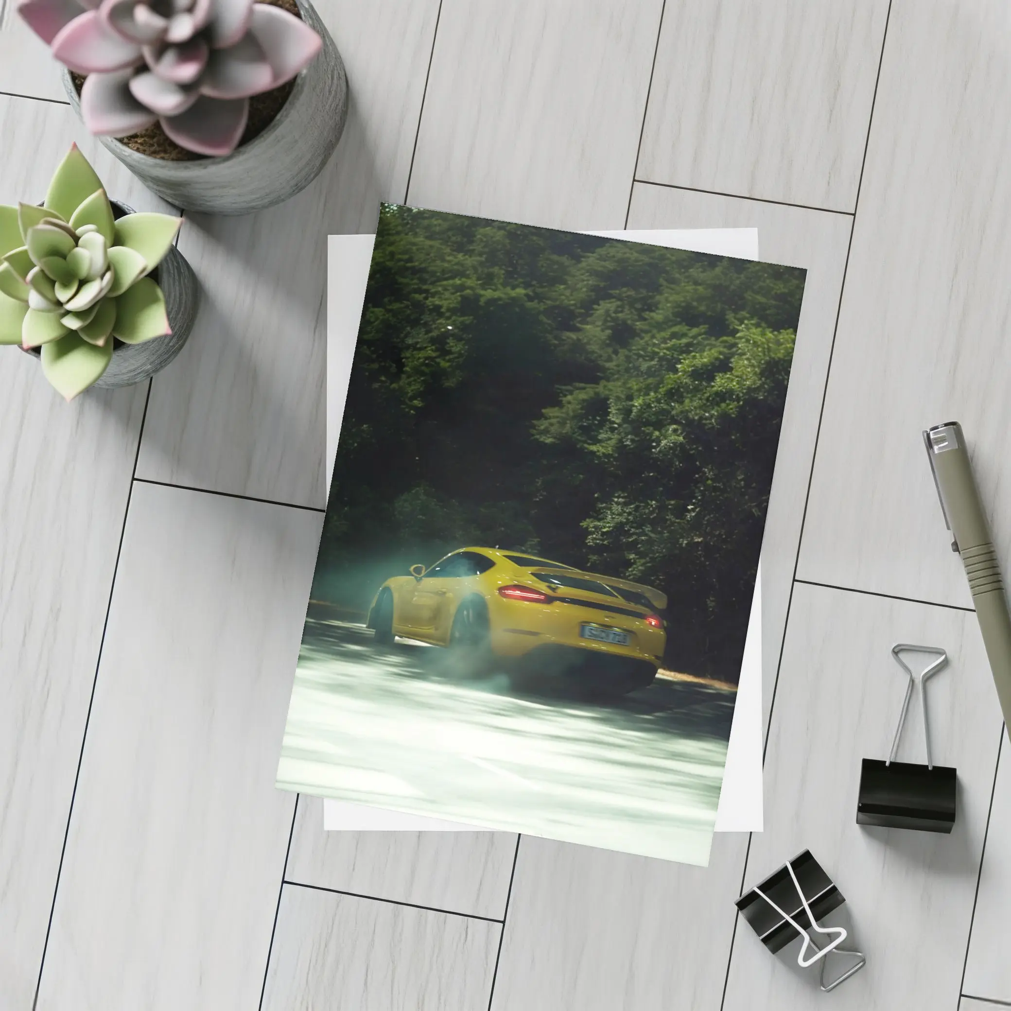 Porsche Cayman GT4 Yellow Smoking Road – Postcards