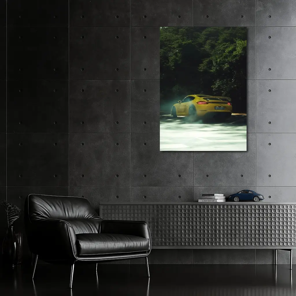 Porsche Cayman GT4 Yellow Smoking Road – Wall Art