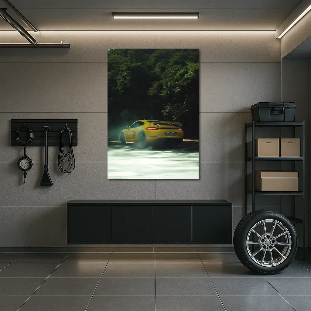 Porsche Cayman GT4 Yellow Smoking Road – Wall Art