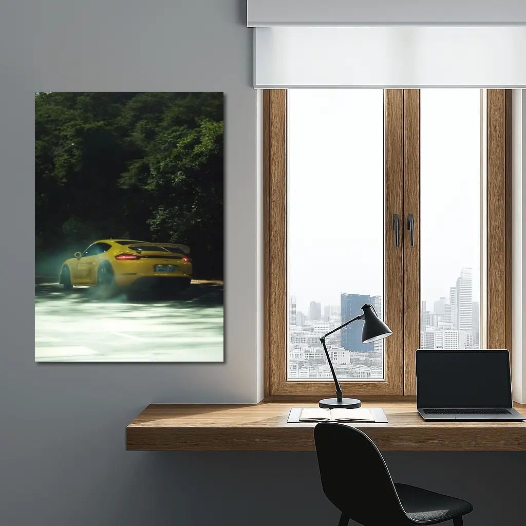 Porsche Cayman GT4 Yellow Smoking Road – Wall Art