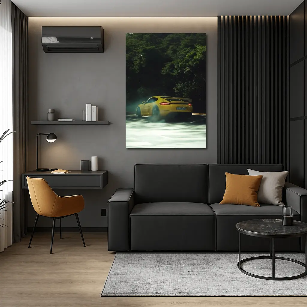 Porsche Cayman GT4 Yellow Smoking Road – Wall Art