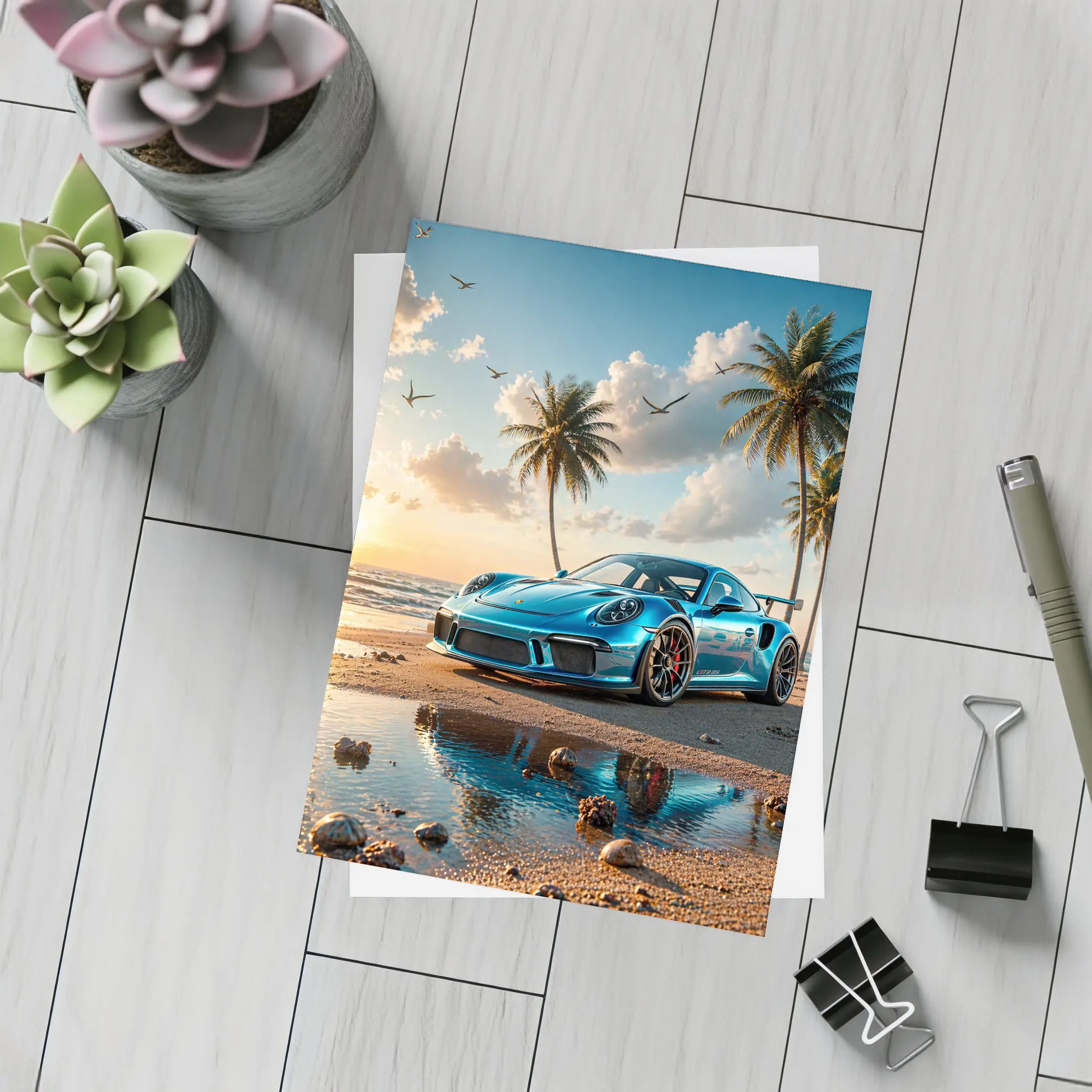 Porsche 911 GT3 Blue Beach Sunset – Postcards