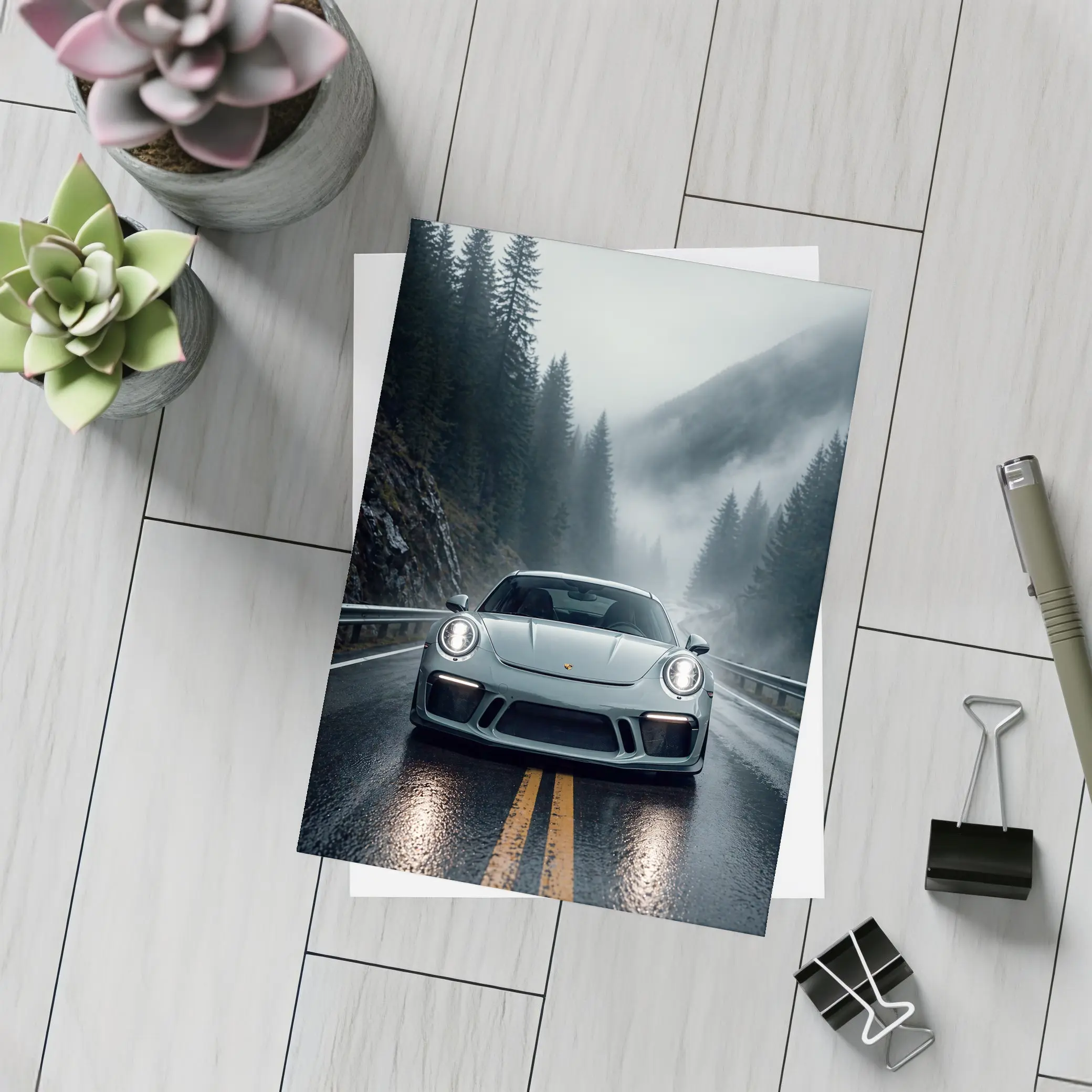 Porsche 911 GT3 on Foggy Mountain Road – Postcards