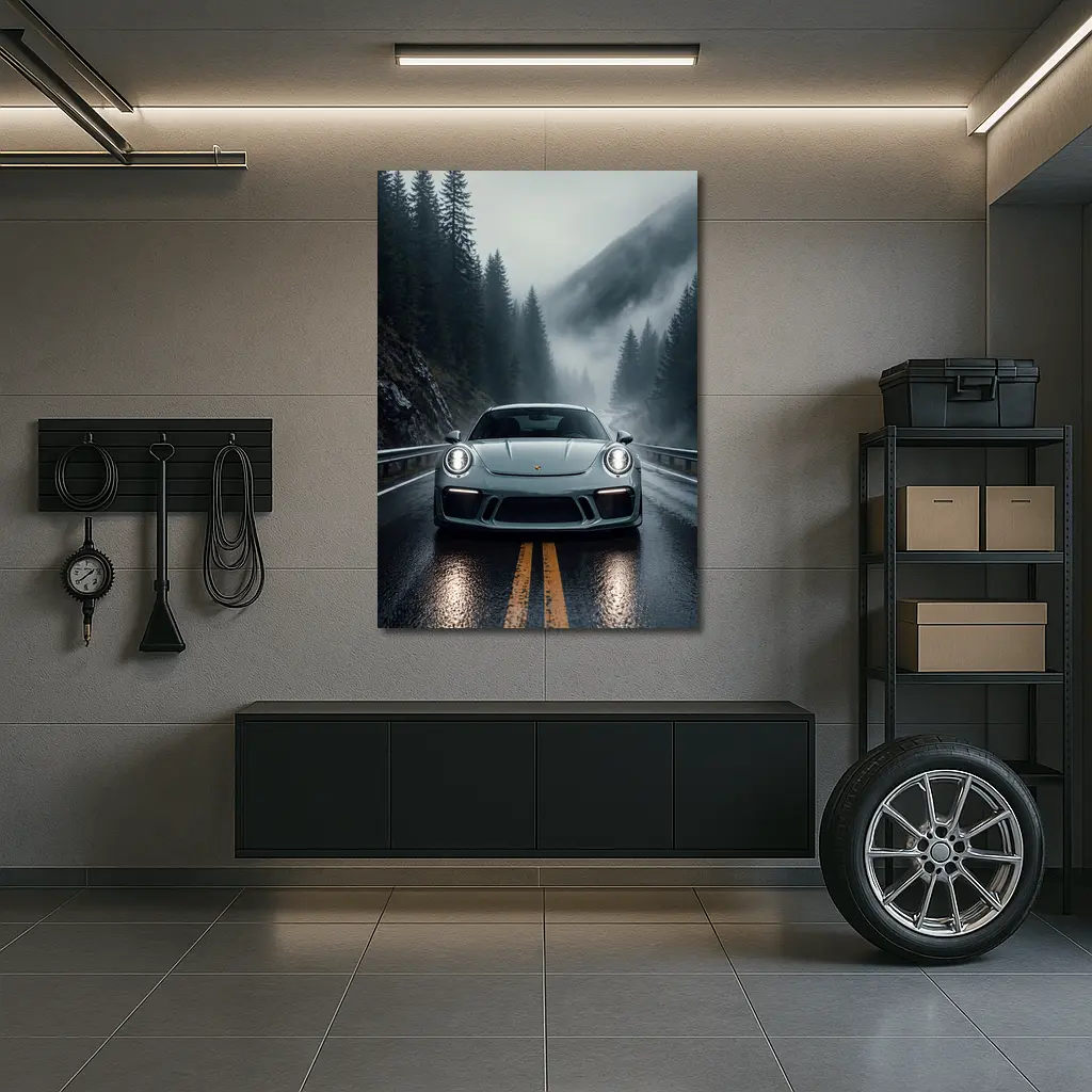 Porsche 911 GT3 on Foggy Mountain Road – Wall Art