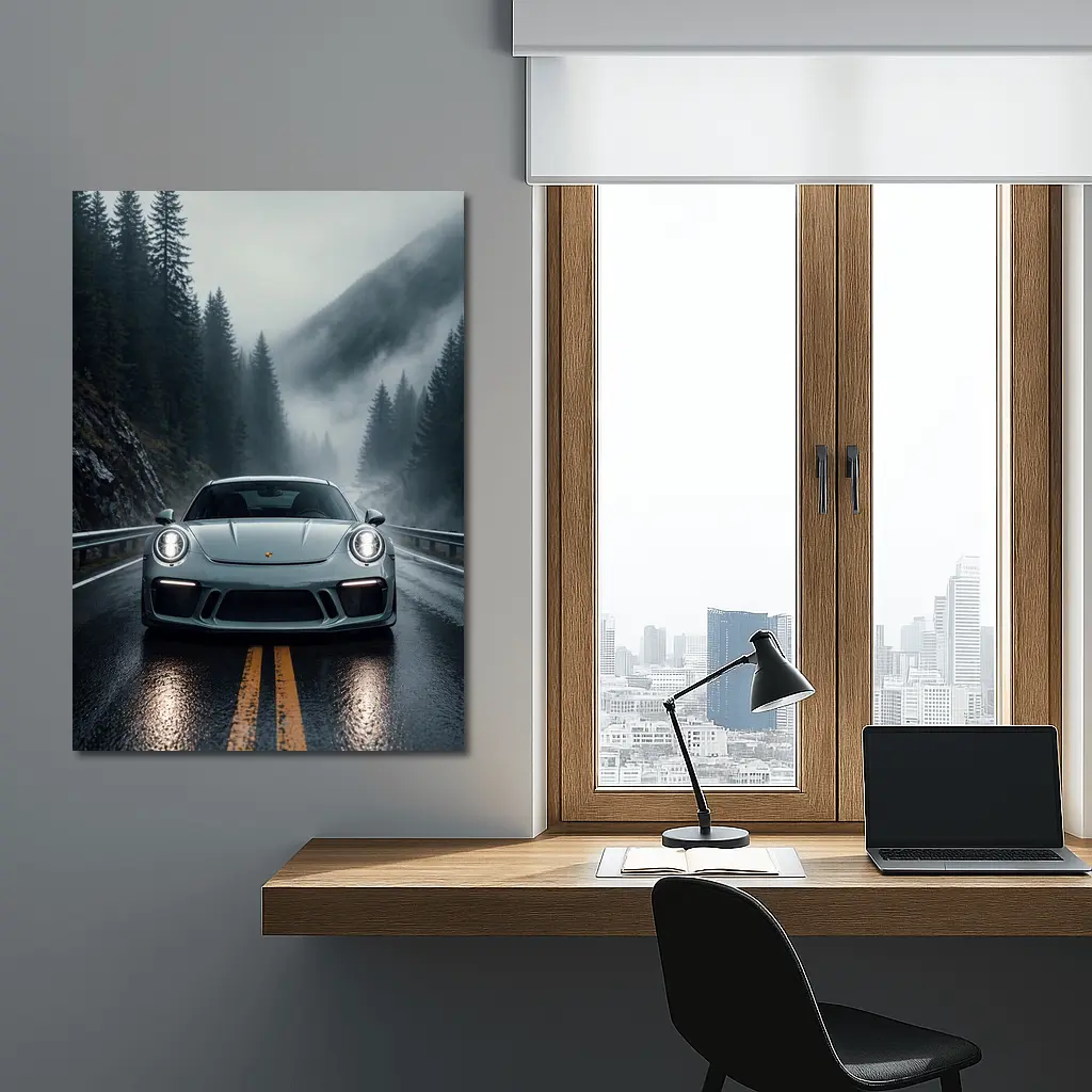 Porsche 911 GT3 on Foggy Mountain Road – Wall Art