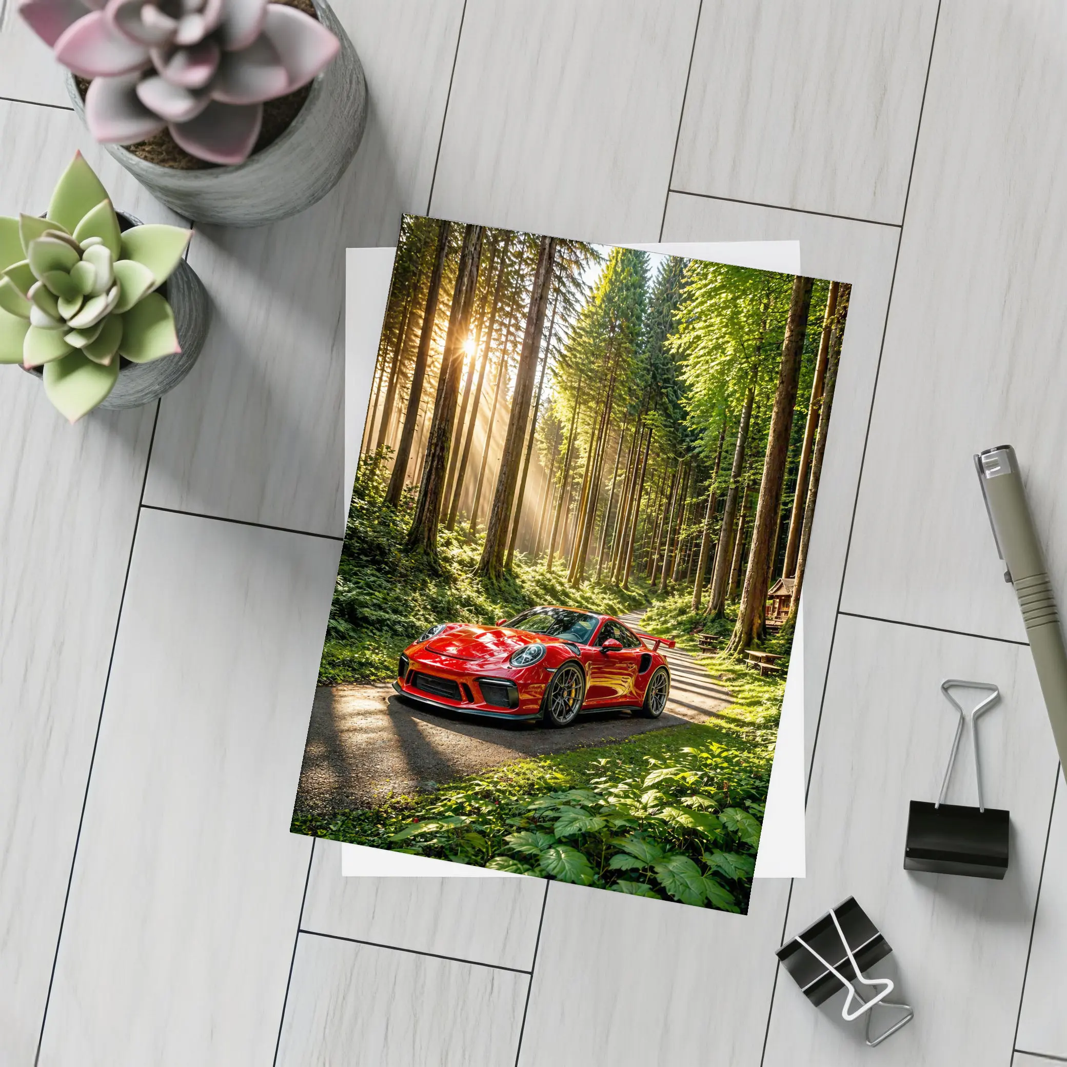 Red Porsche 911 GT3 Forest Sunlight – Postcards
