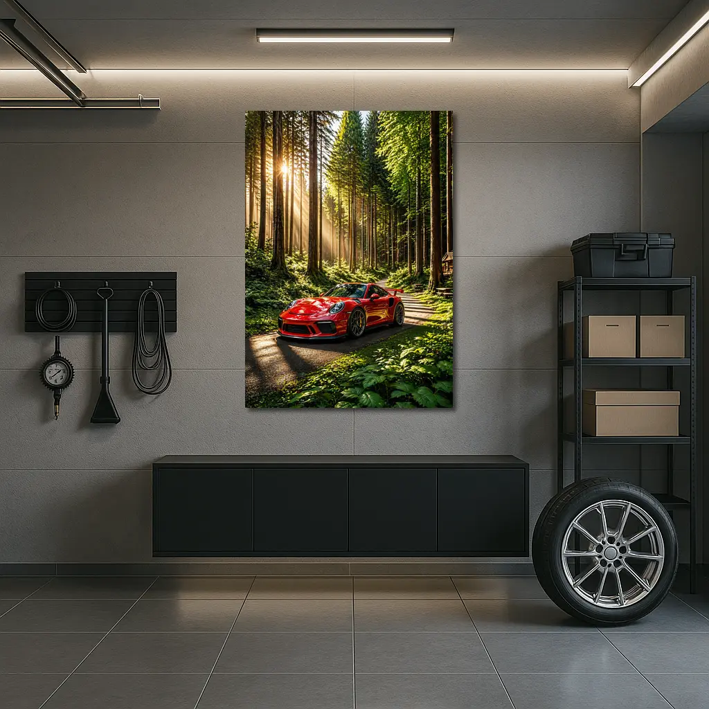 Red Porsche 911 GT3 Forest Sunlight – Wall Art