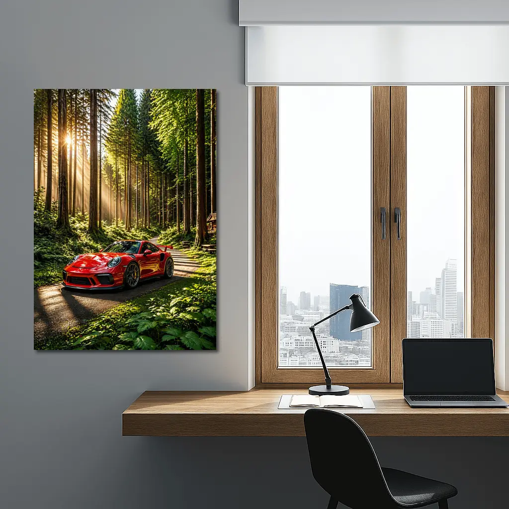 Red Porsche 911 GT3 Forest Sunlight – Wall Art