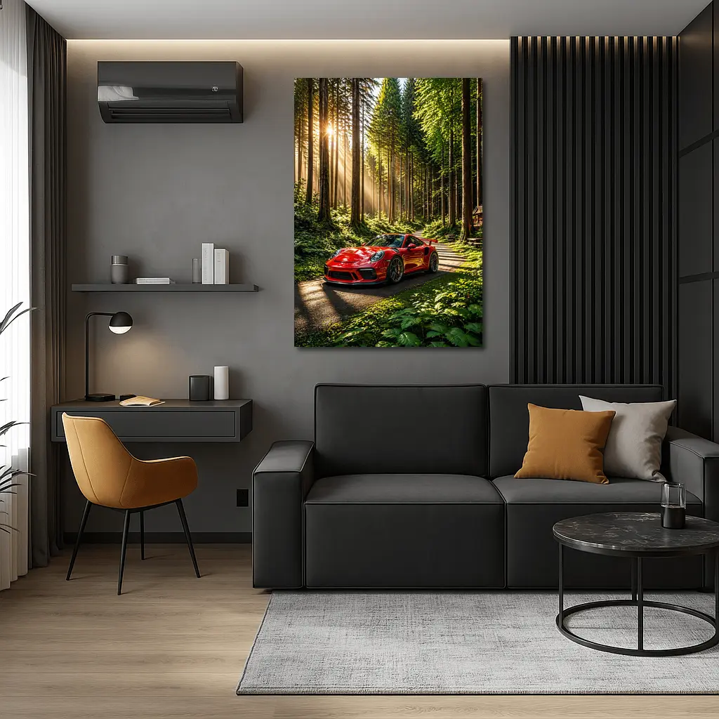 Red Porsche 911 GT3 Forest Sunlight – Wall Art