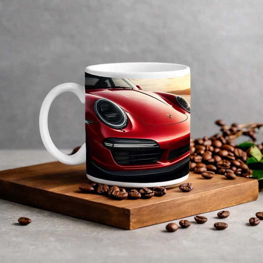 Red Porsche 911 Front Close Up Sunset – Mugs