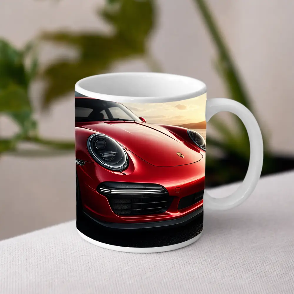 Red Porsche 911 Front Close Up Sunset – Mugs