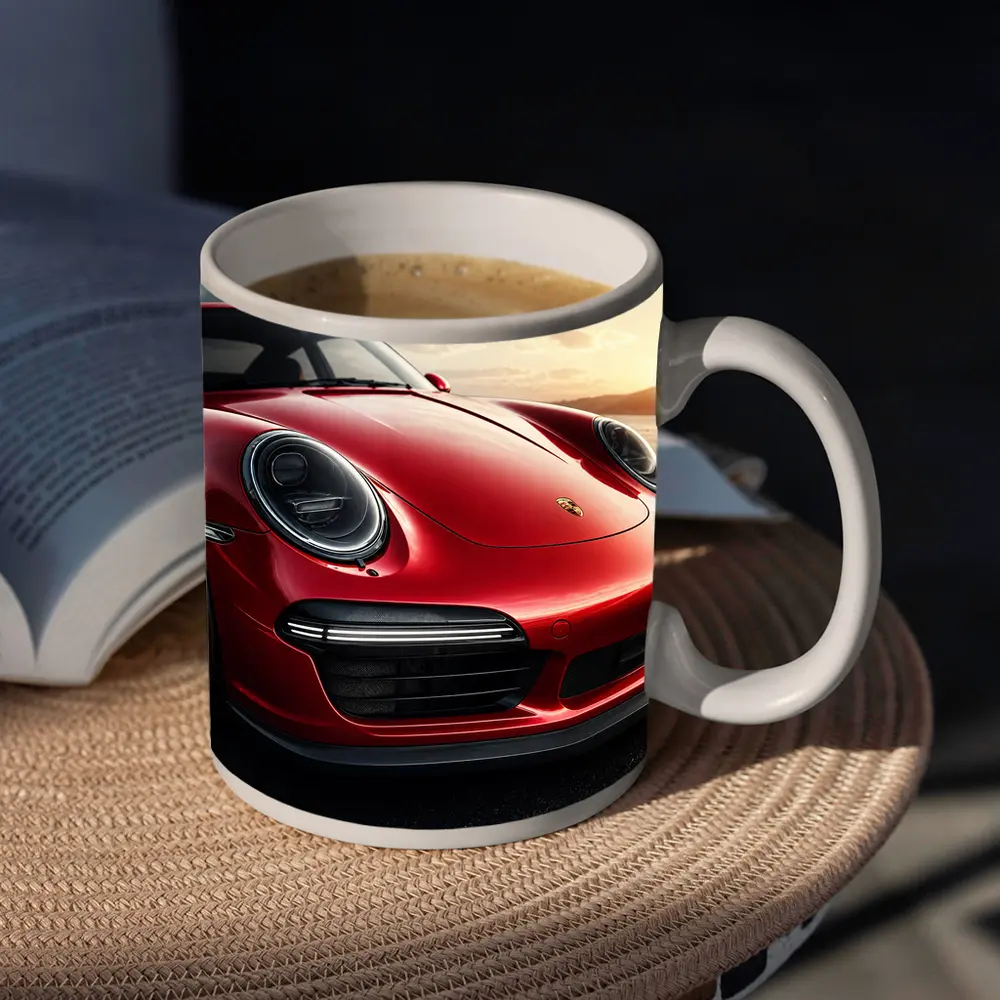 Red Porsche 911 Front Close Up Sunset – Mugs