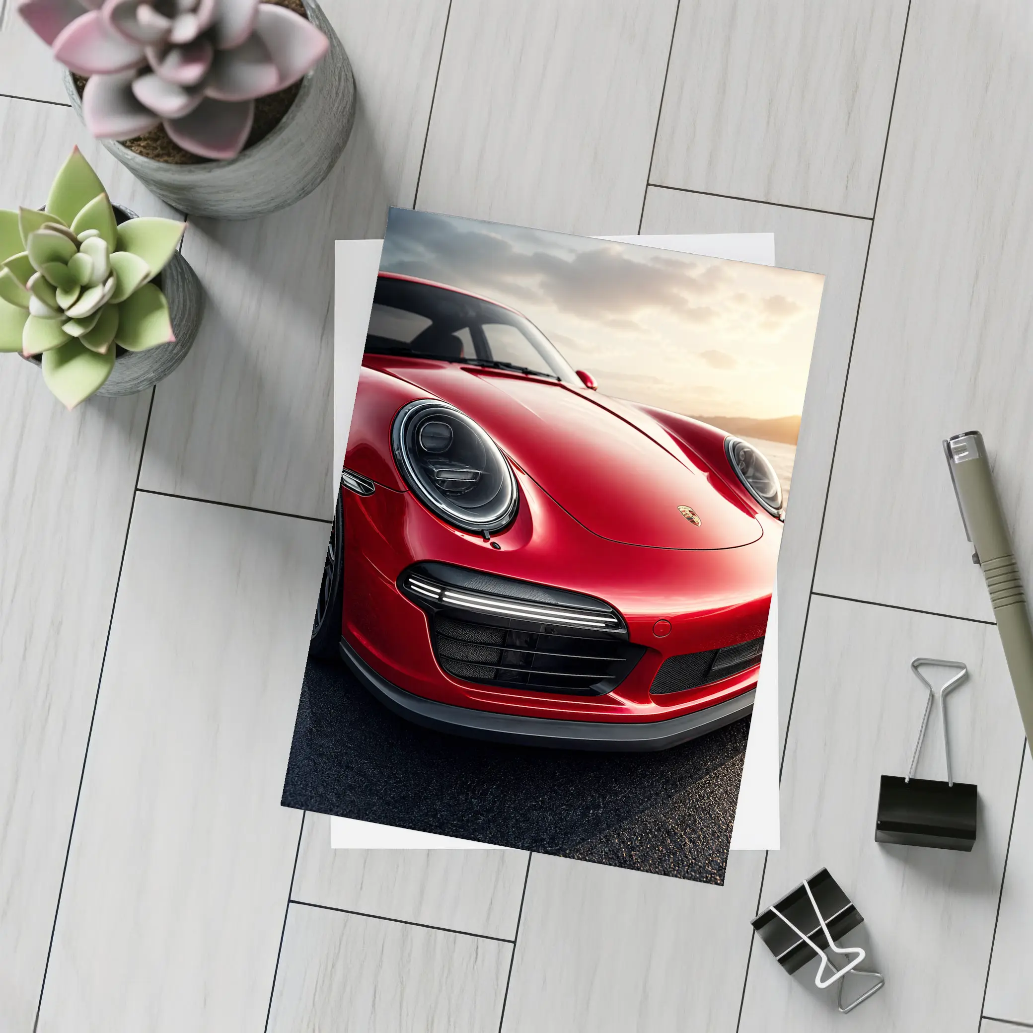 Red Porsche 911 Front Close Up Sunset – Postcards