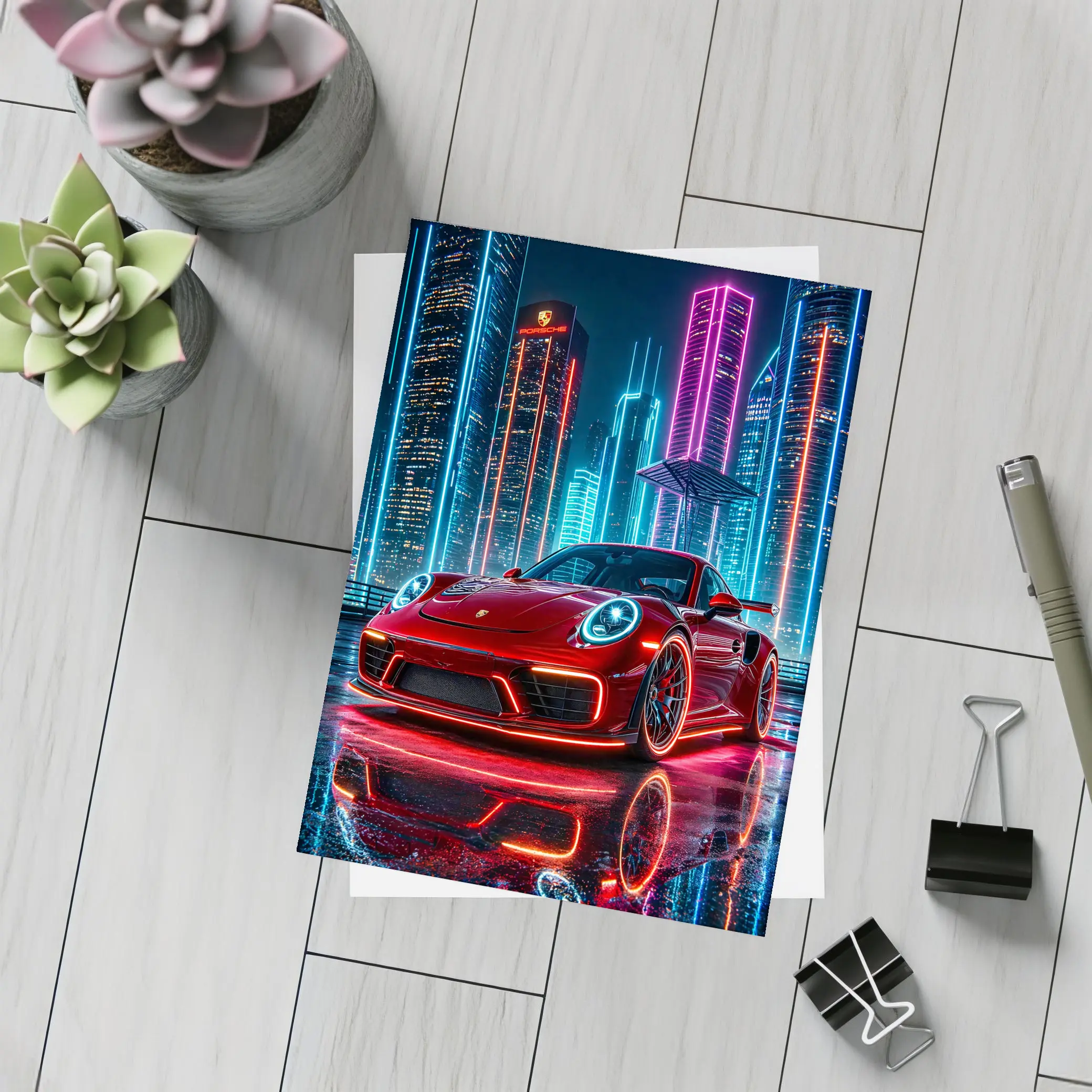 Porsche 911 Red Neon City Night – Postcards