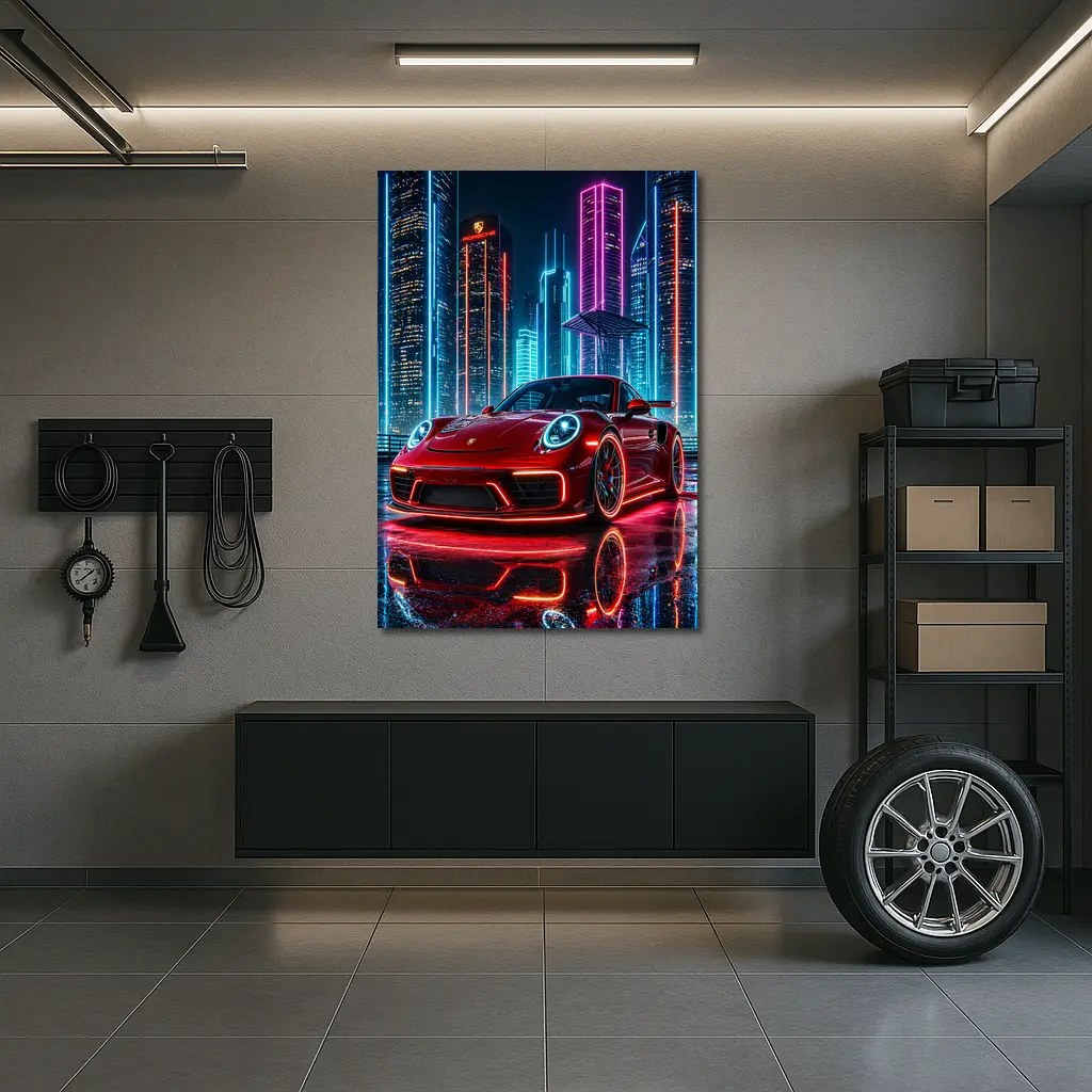 Porsche 911 Red Neon City Night – Wall Art