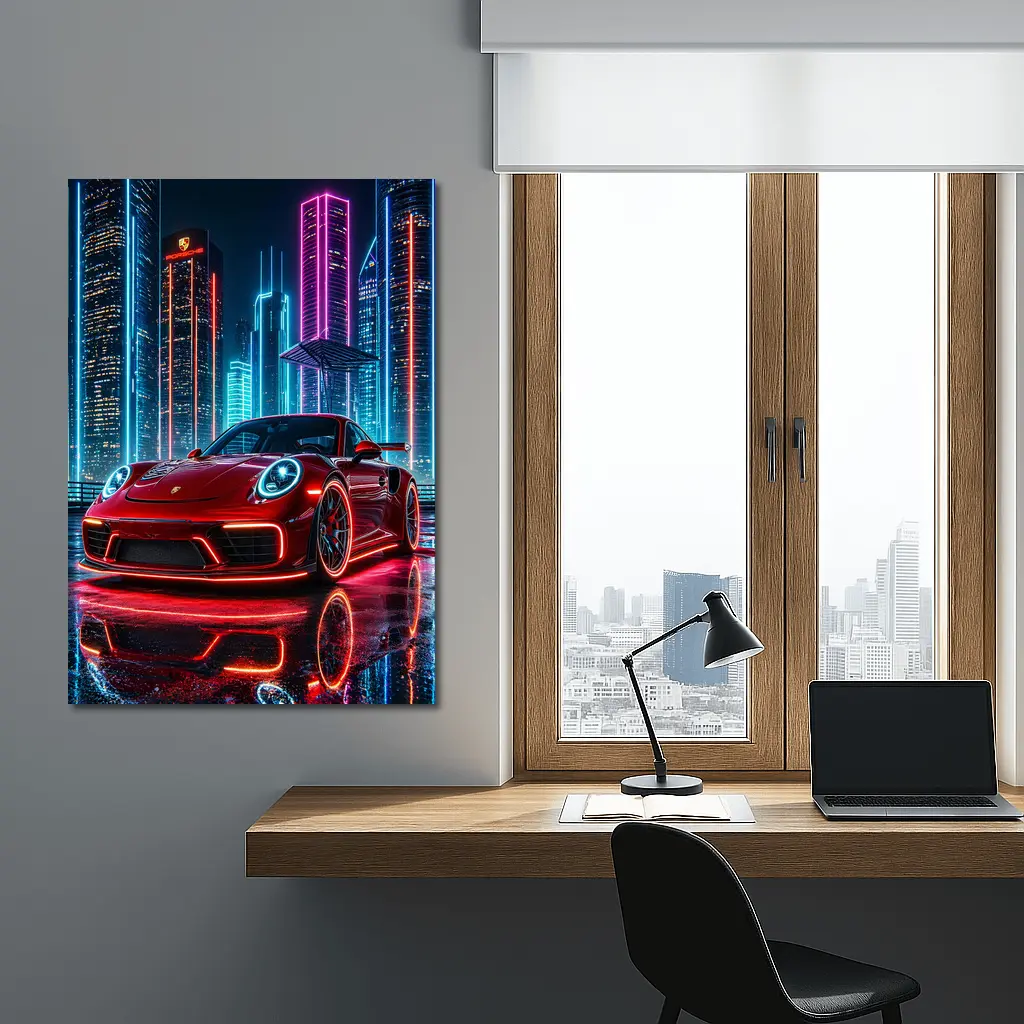 Porsche 911 Red Neon City Night – Wall Art
