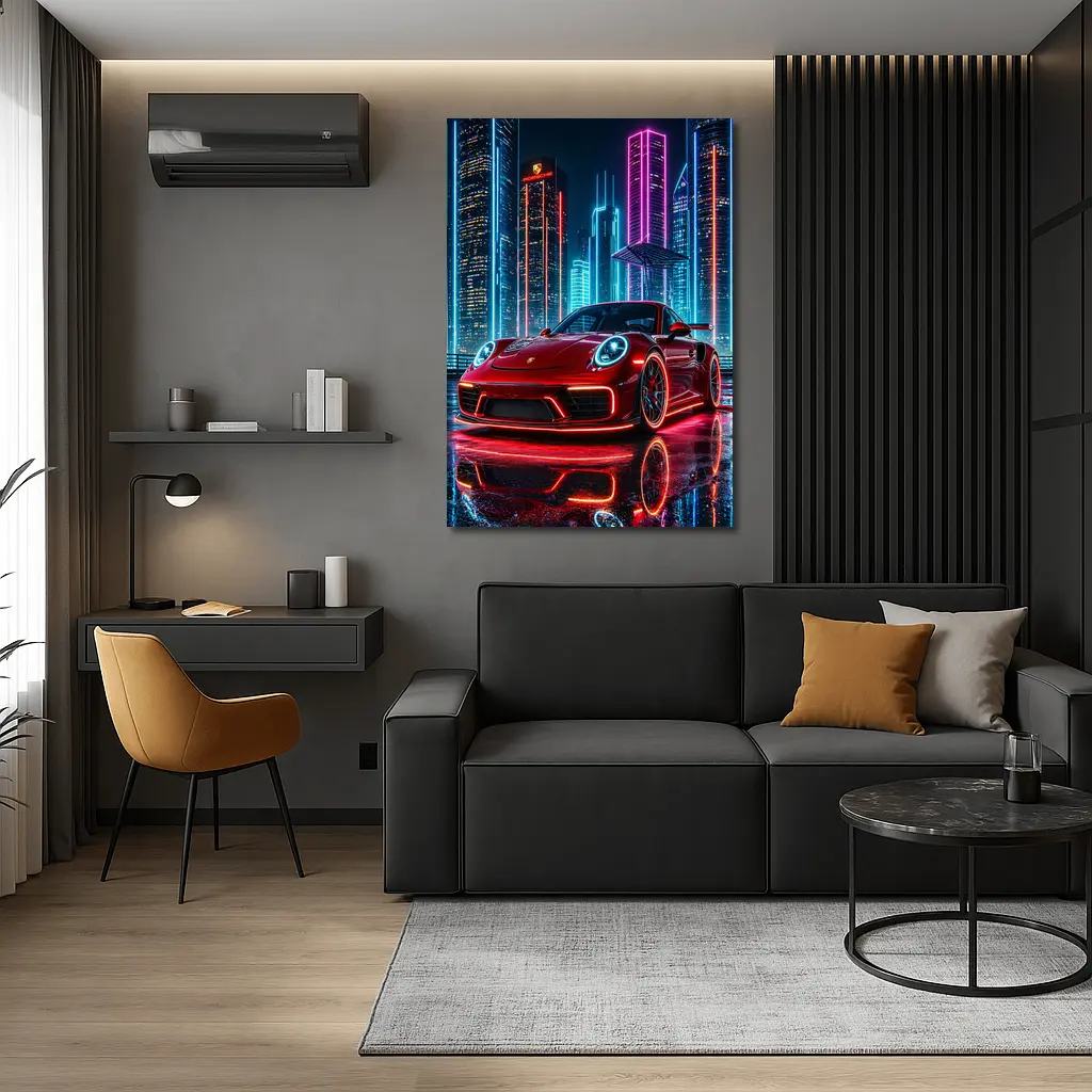 Porsche 911 Red Neon City Night – Wall Art