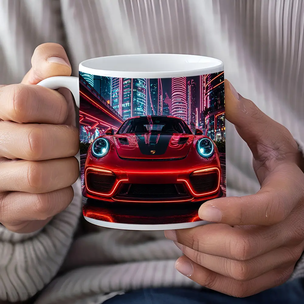 Porsche 911 Red Neon Futuristic City Night – Mugs