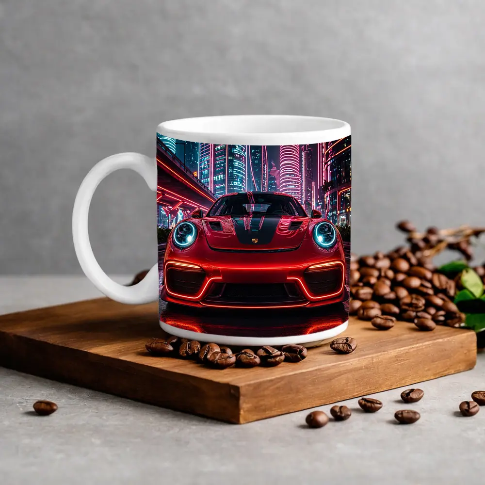 Porsche 911 Red Neon Futuristic City Night – Mugs