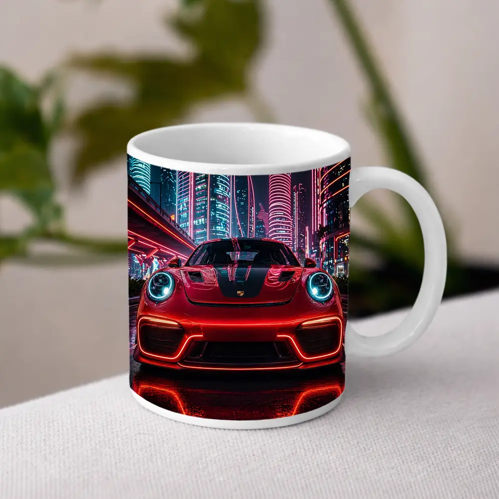Porsche 911 Red Neon Futuristic City Night – Mugs
