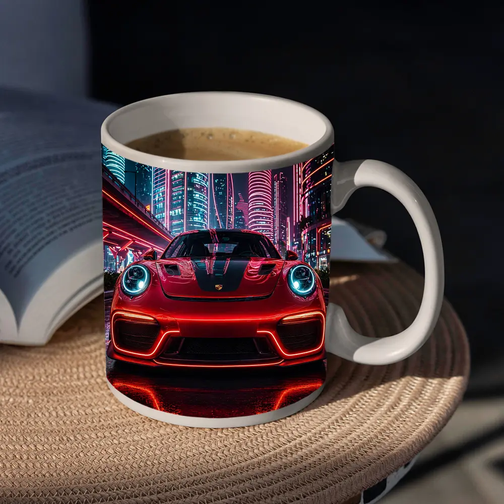 Porsche 911 Red Neon Futuristic City Night – Mugs