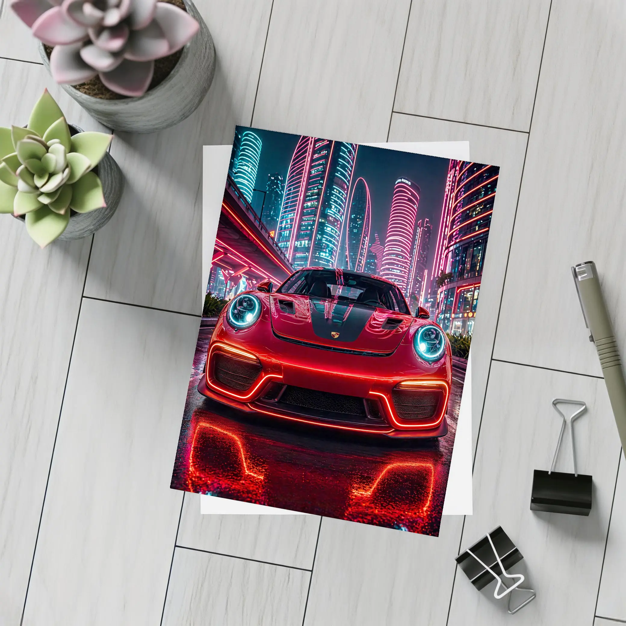 Porsche 911 Red Neon Futuristic City Night – Postcards