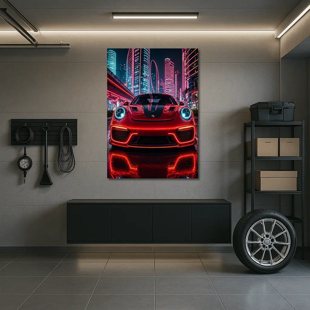 Porsche 911 Red Neon Futuristic City Night – Wall Art