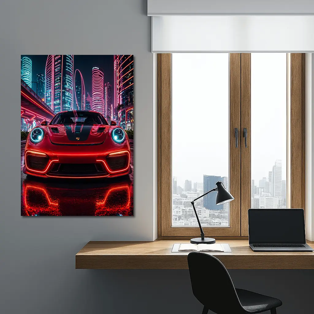 Porsche 911 Red Neon Futuristic City Night – Wall Art