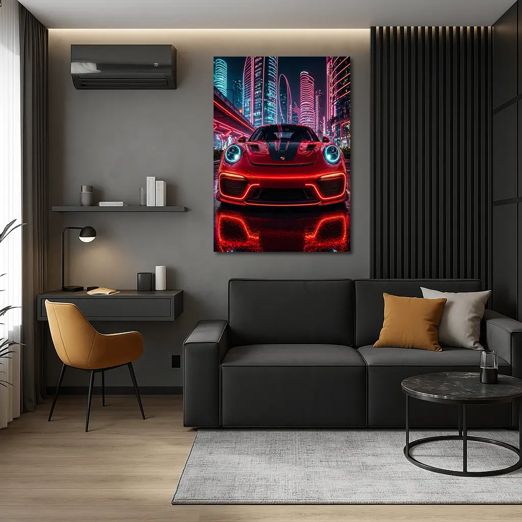 Porsche 911 Red Neon Futuristic City Night – Wall Art