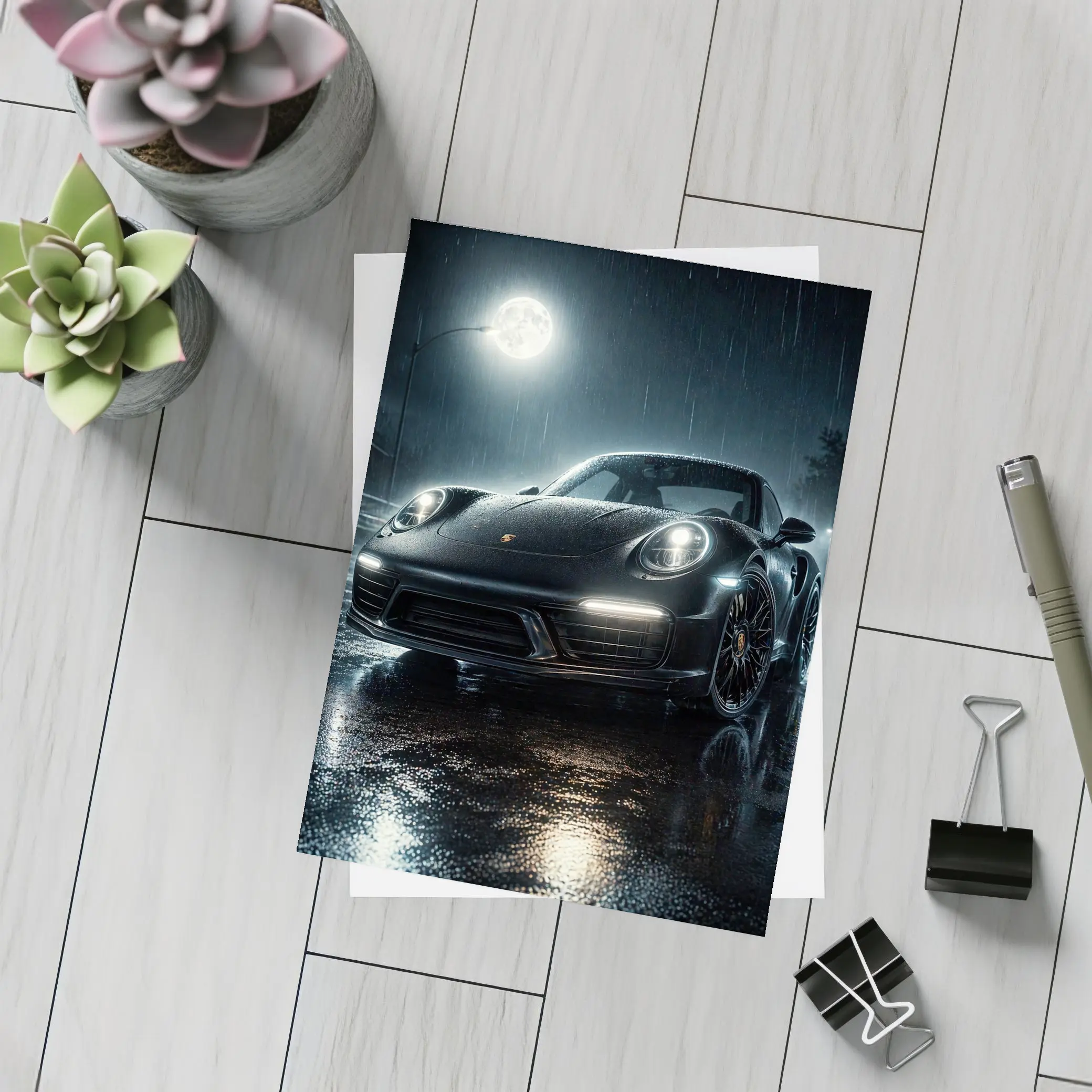 Porsche 911 Black Rain Moonlit Night – Postcards