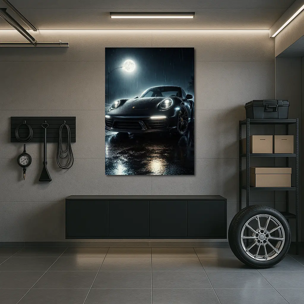 Porsche 911 Black Rain Moonlit Night – Wall Art