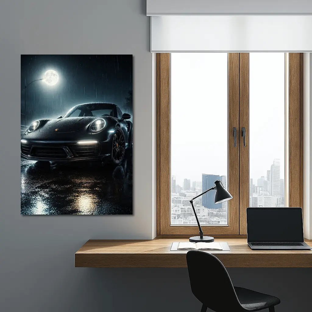 Porsche 911 Black Rain Moonlit Night – Wall Art