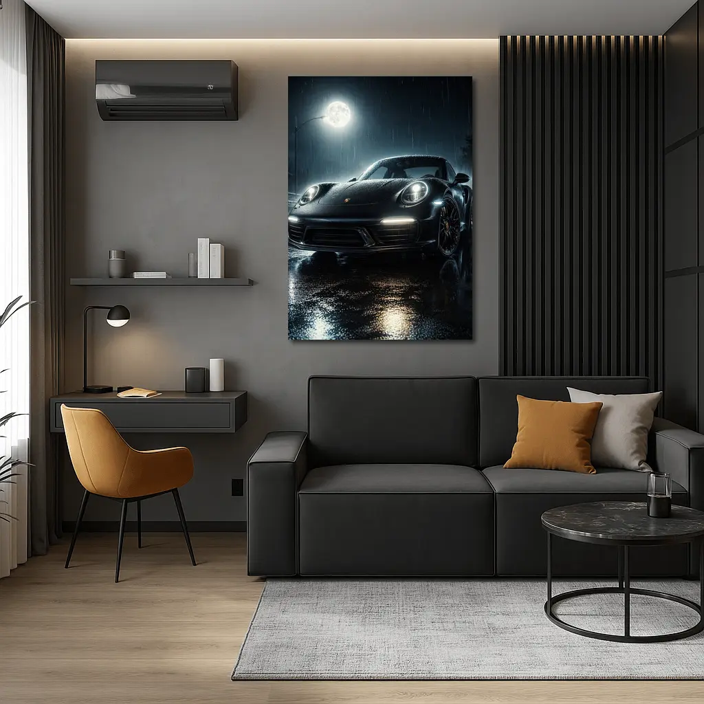 Porsche 911 Black Rain Moonlit Night – Wall Art