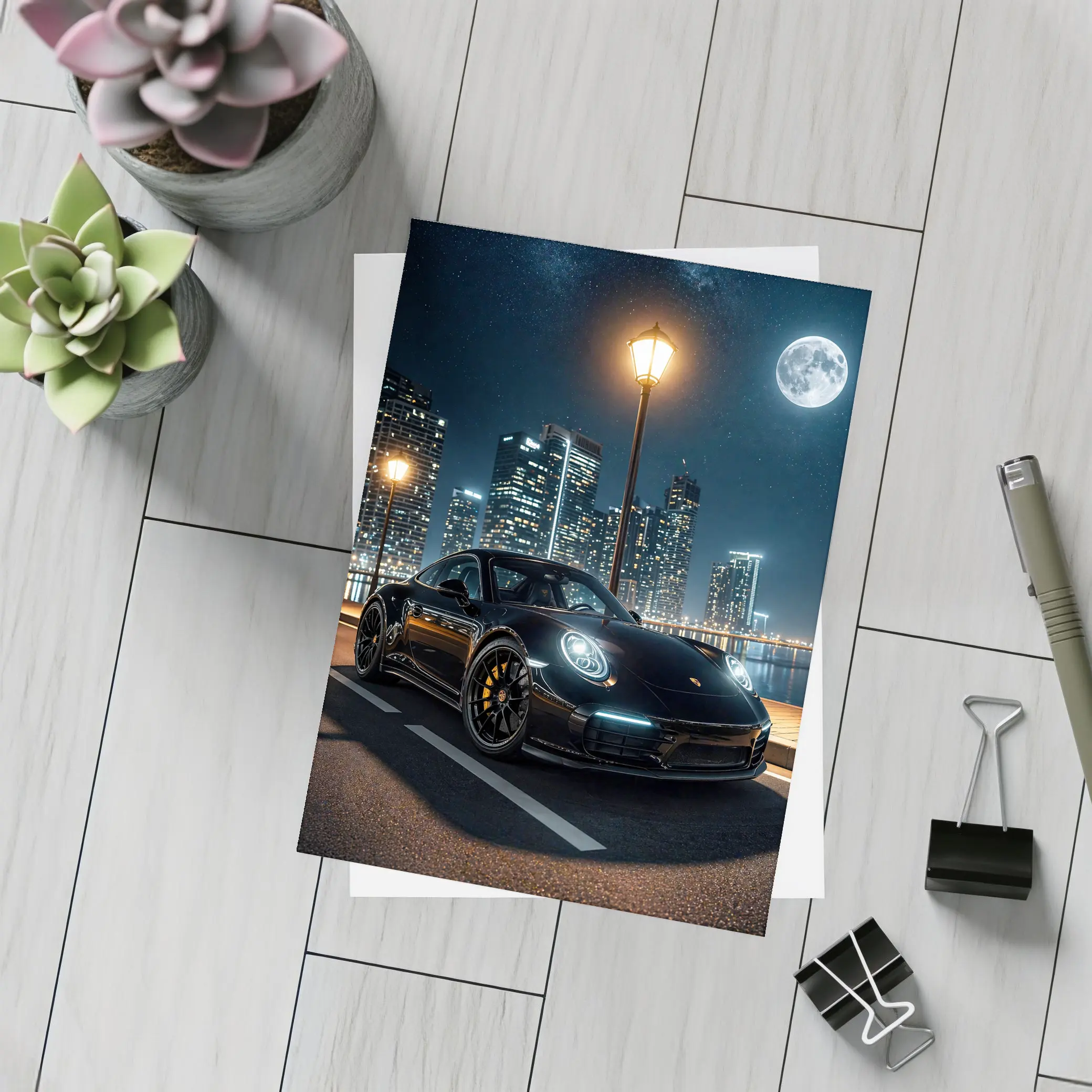 Porsche 911 Black Night City Skyline – Postcards