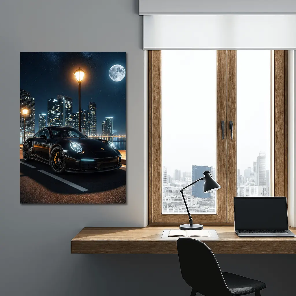 Porsche 911 Black Night City Skyline – Wall Art