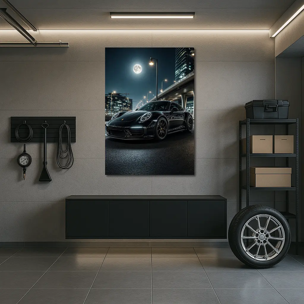 Porsche 911 Black Night City Streets – Wall Art