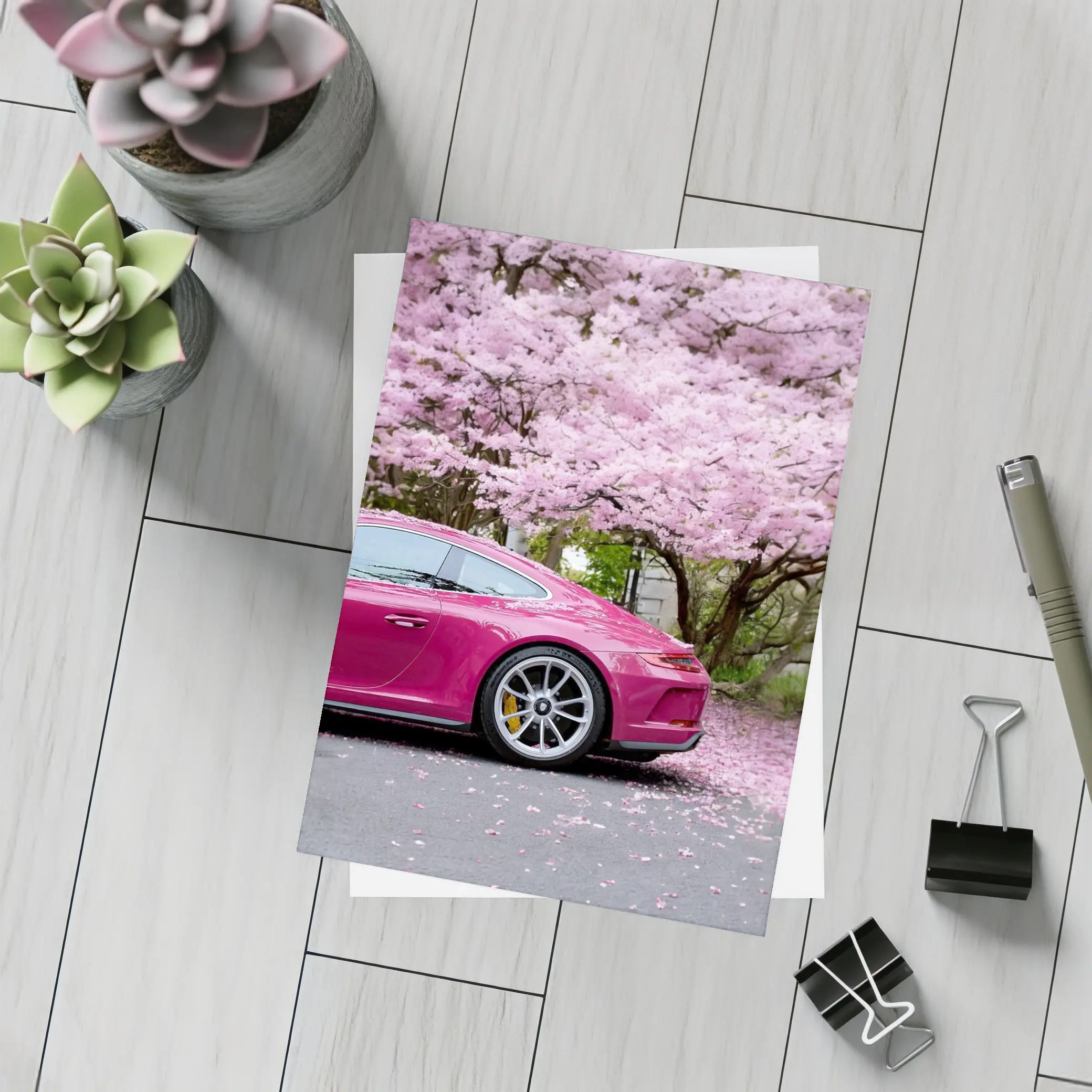 Pink Porsche 911 Under Cherry Blossom Trees – Postcards