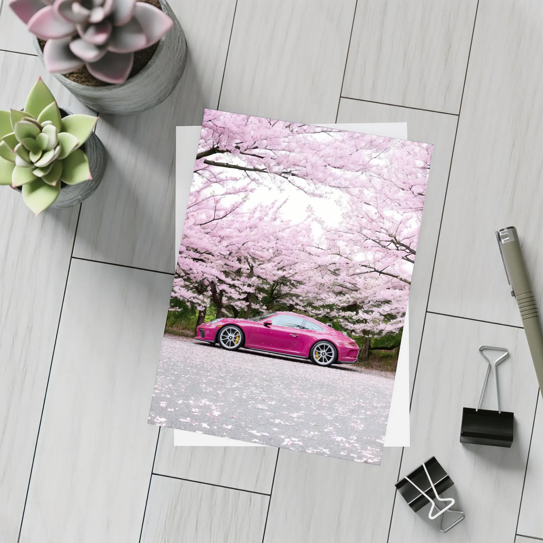 Porsche 911 Pink Under Cherry Blossom Trees – Postcards