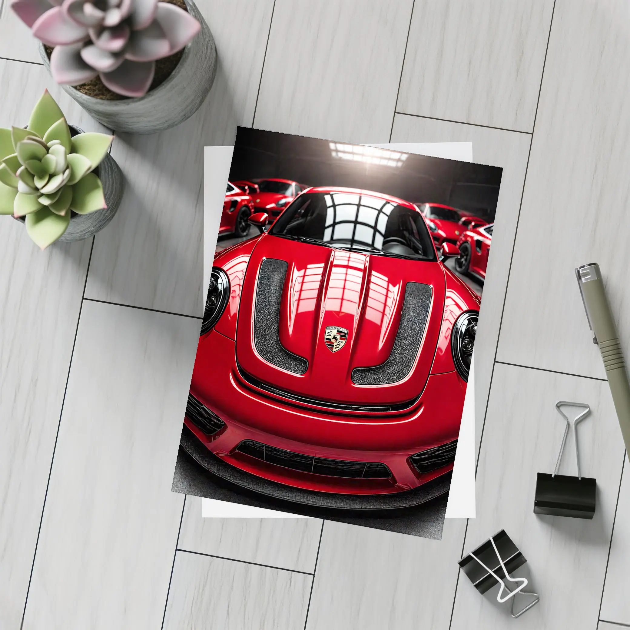 Red Porsche 911 Turbo Hood Dark Garage – Postcards