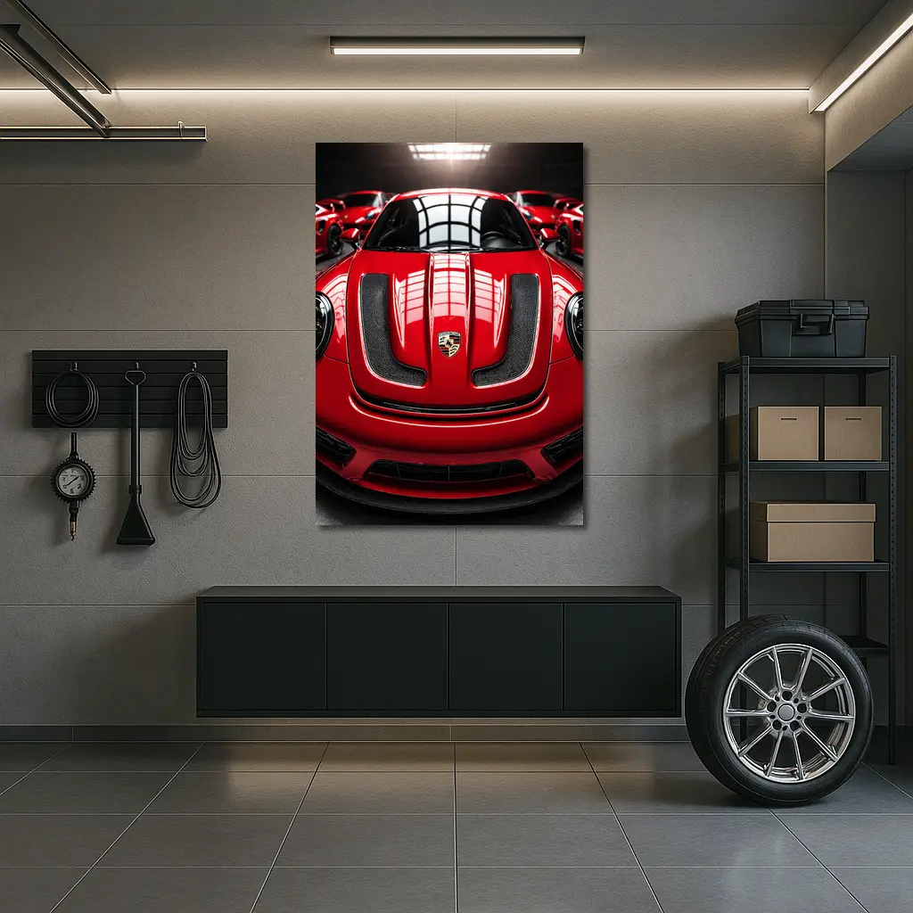 Red Porsche 911 Turbo Hood Dark Garage – Wall Art
