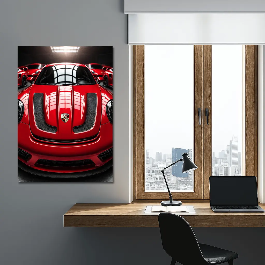 Red Porsche 911 Turbo Hood Dark Garage – Wall Art