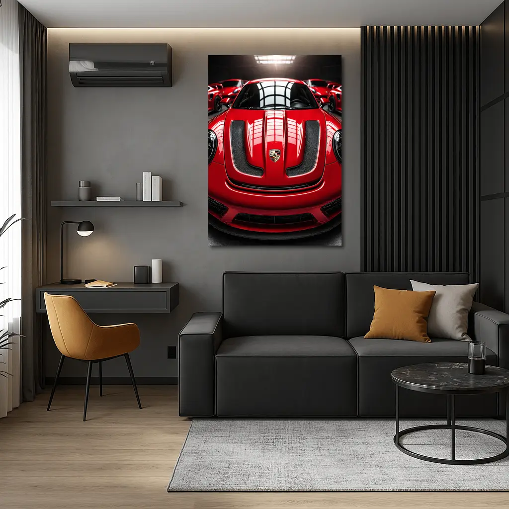 Red Porsche 911 Turbo Hood Dark Garage – Wall Art